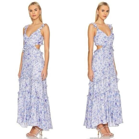 ASTR the Label Cassis Floral Ruffle Maxi Dress Light Blue Cutout XS Boho - Picture 2 of 13